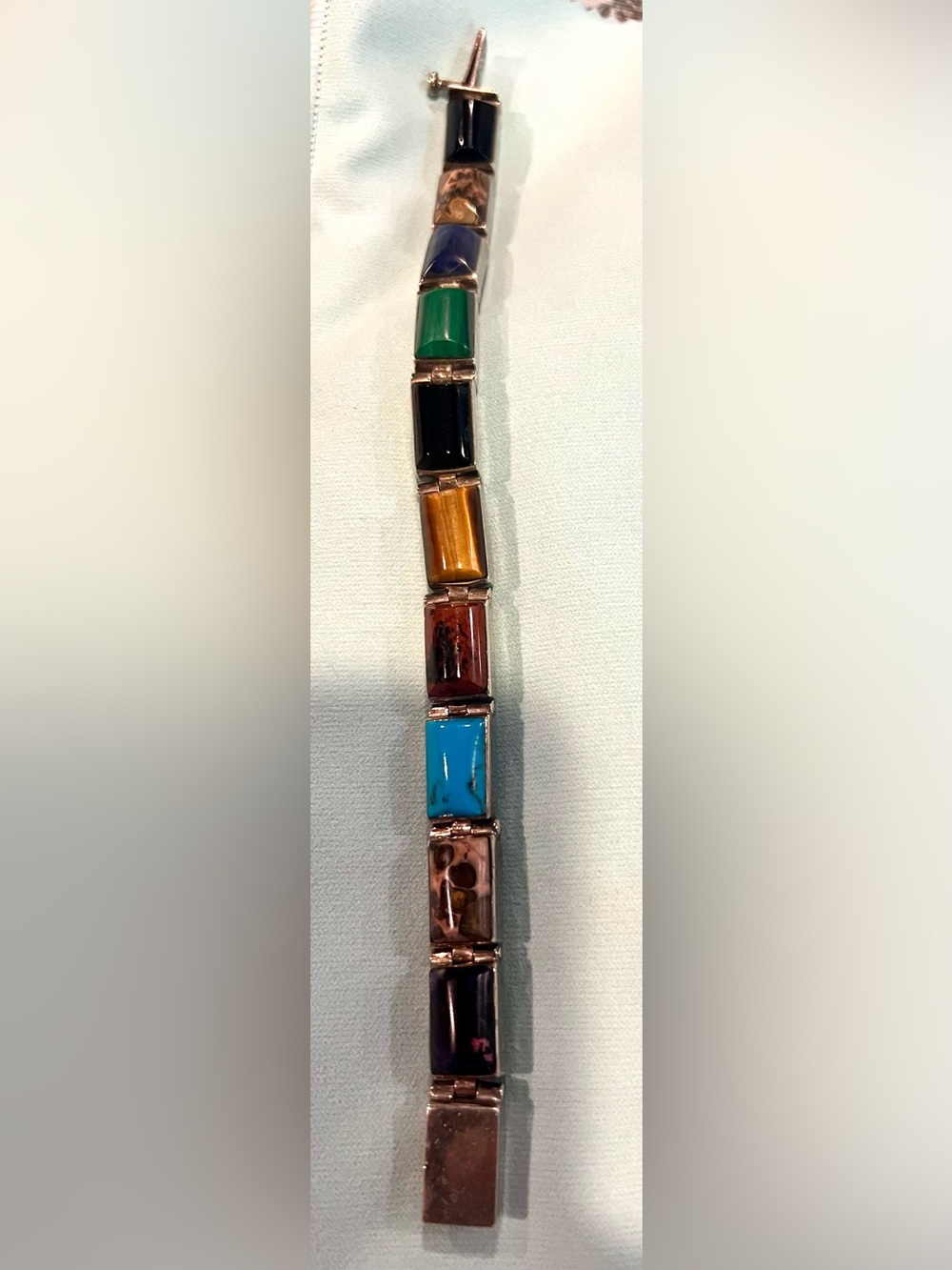 Taxco Mexican 950 Sterling Hinged Gemstone Inlay Bracelet